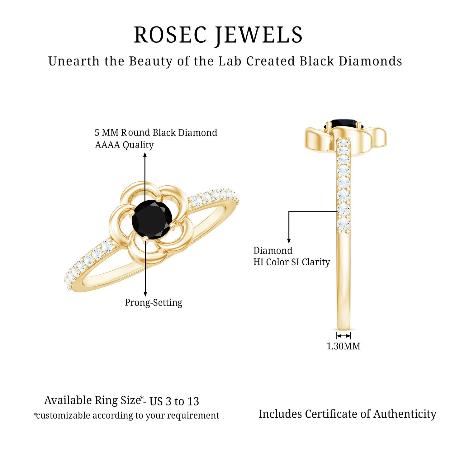 Certified 0.8 Carat Lab Grown Black Flower Promise Ring with White Diamond