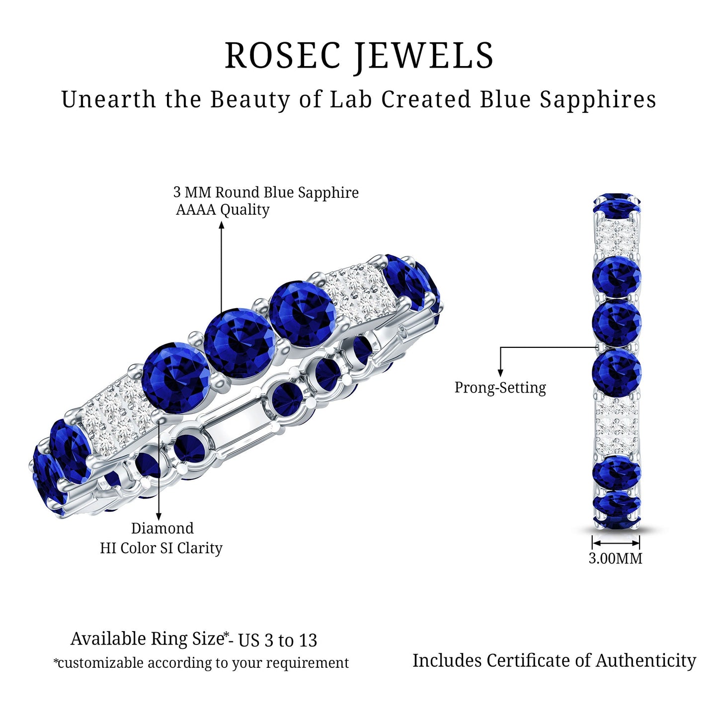 Certified Lab Grown Blue Sapphire Eternity Band Ring with Diamond