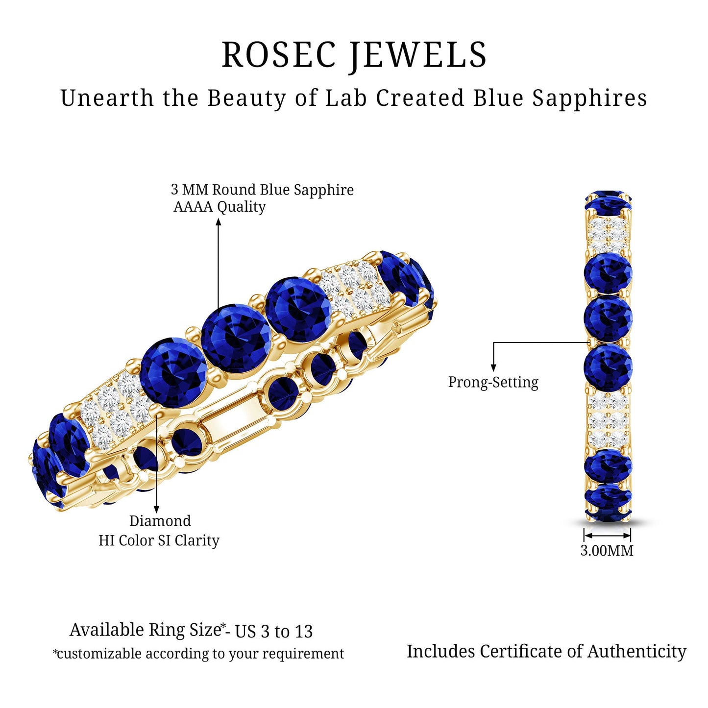 Certified Lab Grown Blue Sapphire Eternity Band Ring with Diamond