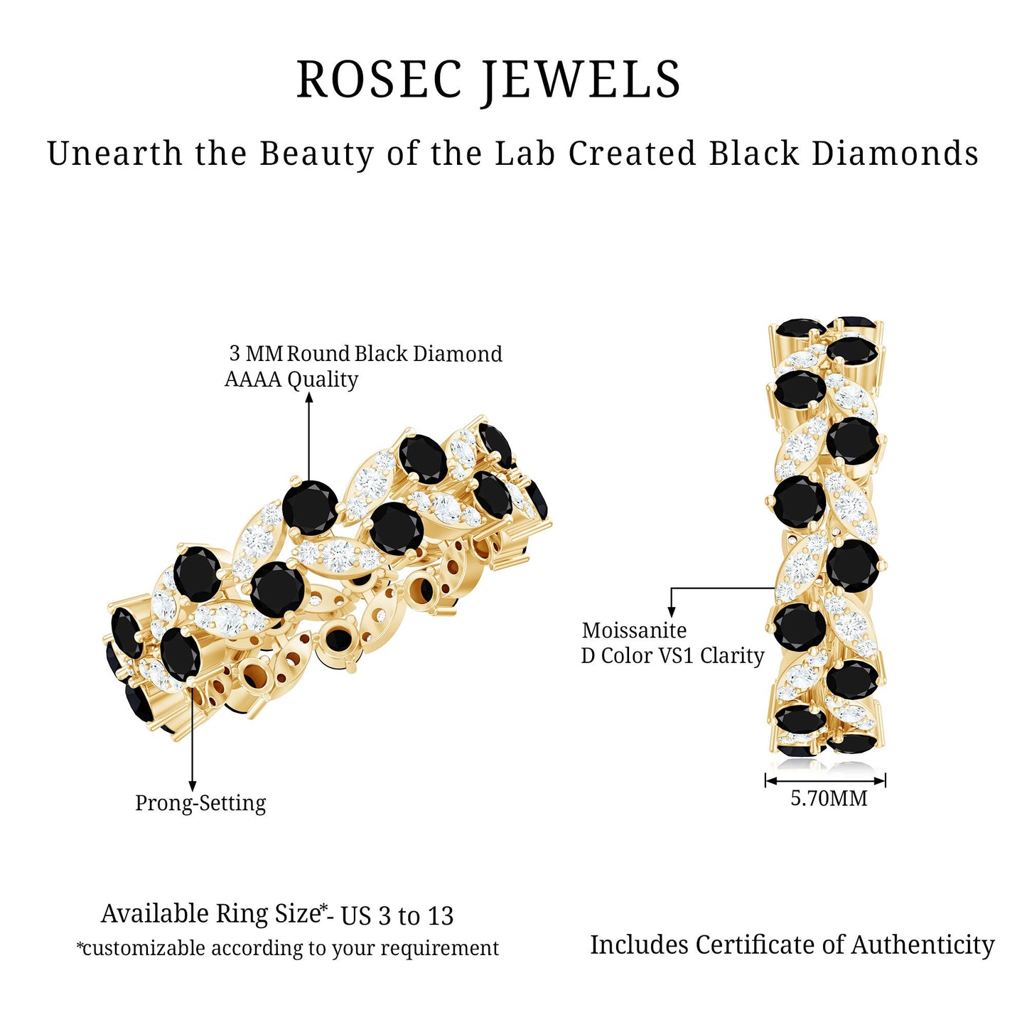 Nature Inspired Lab Grown Black Diamond Eternity Band Ring with Moissanite