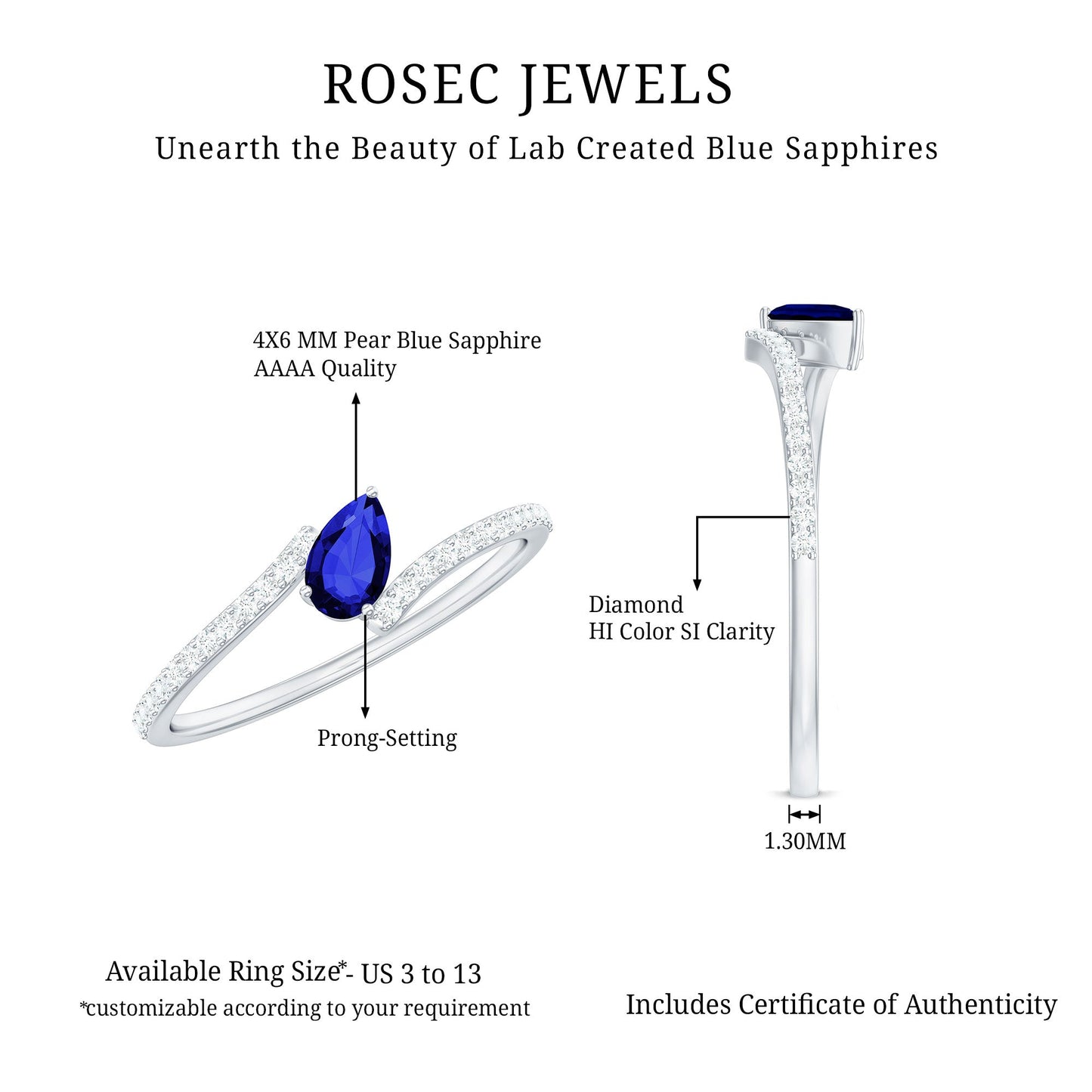 Certified Lab Created Blue Sapphire and Diamond Promise Ring with Bypass Shank