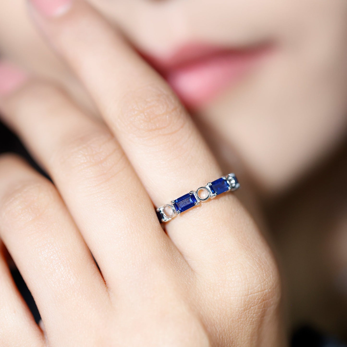 Certified Lab Grown Blue Sapphire Emerald Cut Eternity Band Ring