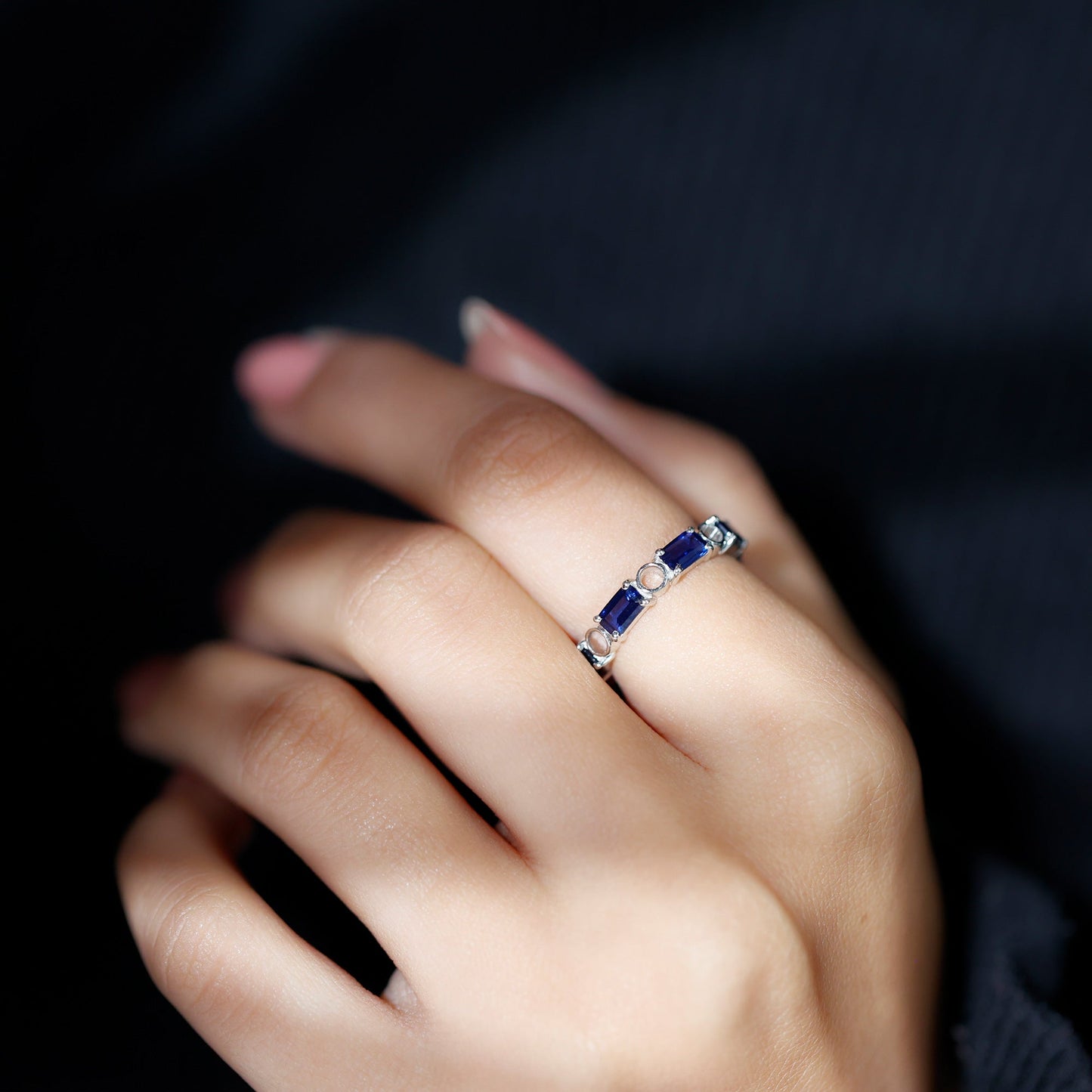 Certified Lab Grown Blue Sapphire Emerald Cut Eternity Band Ring