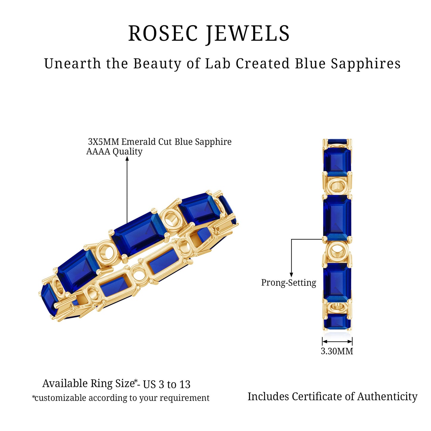 Certified Lab Grown Blue Sapphire Emerald Cut Eternity Band Ring