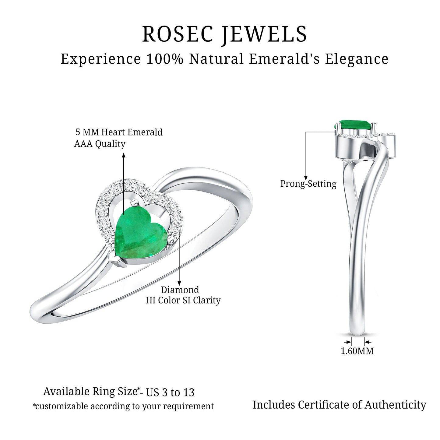 Certified Natural Emerald Heart Promise Ring with Diamond