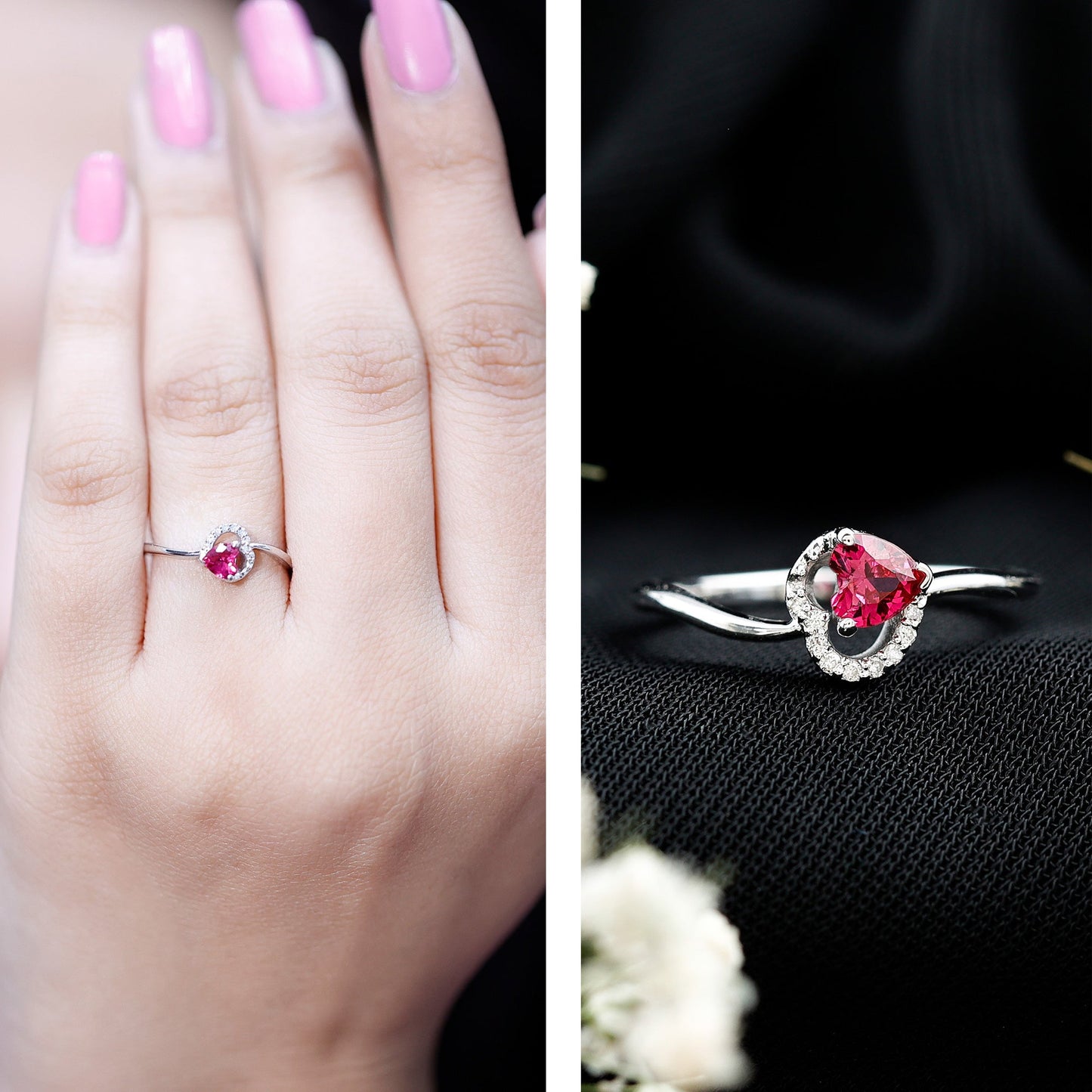 Heart Shape Lab Grown Ruby and Diamond Twisted Promise Ring