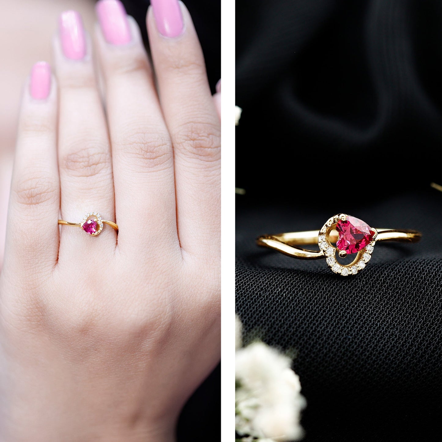 Heart Shape Lab Grown Ruby and Diamond Twisted Promise Ring