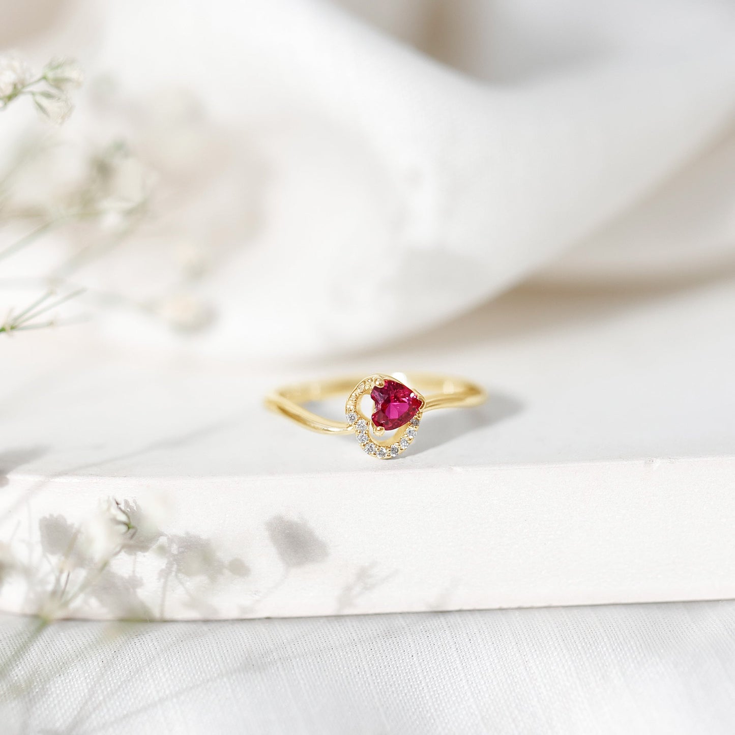 Heart Shape Lab Grown Ruby and Diamond Twisted Promise Ring
