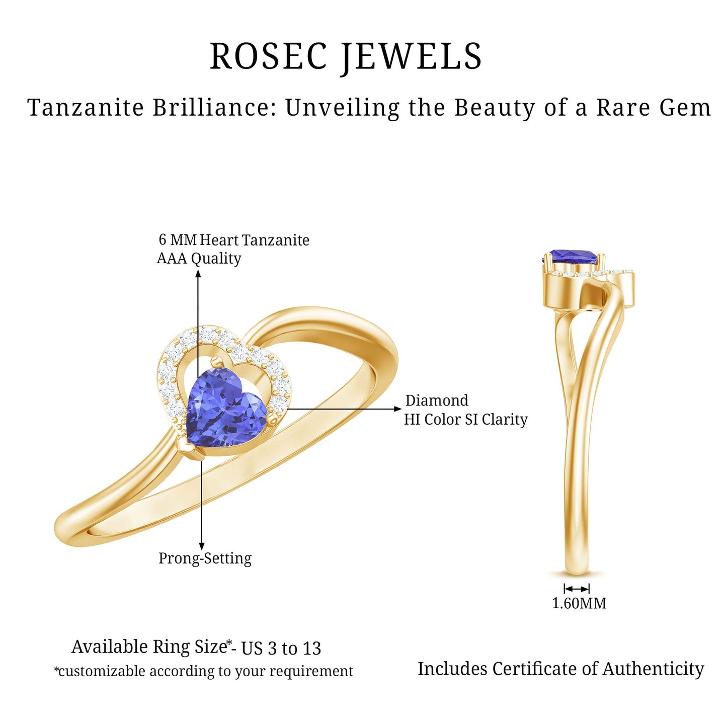 Natural Heart Shape Tanzanite Diamond Promise Ring for Valentines