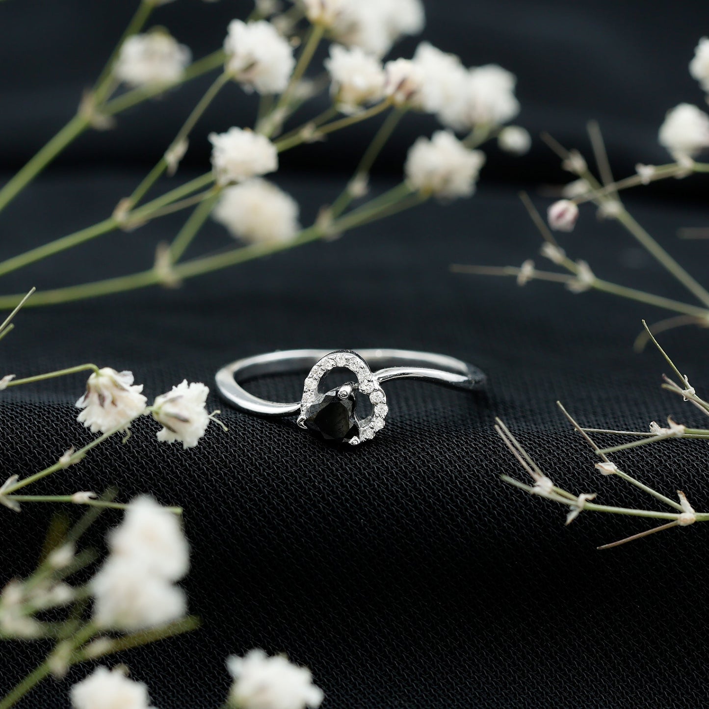 Genuine Black Onyx and Diamond Heart Promise Ring