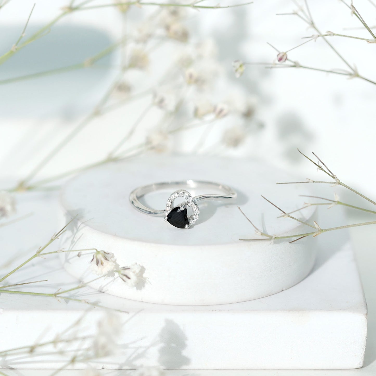 Natural Black Spinel Heart Promise Ring with Diamond