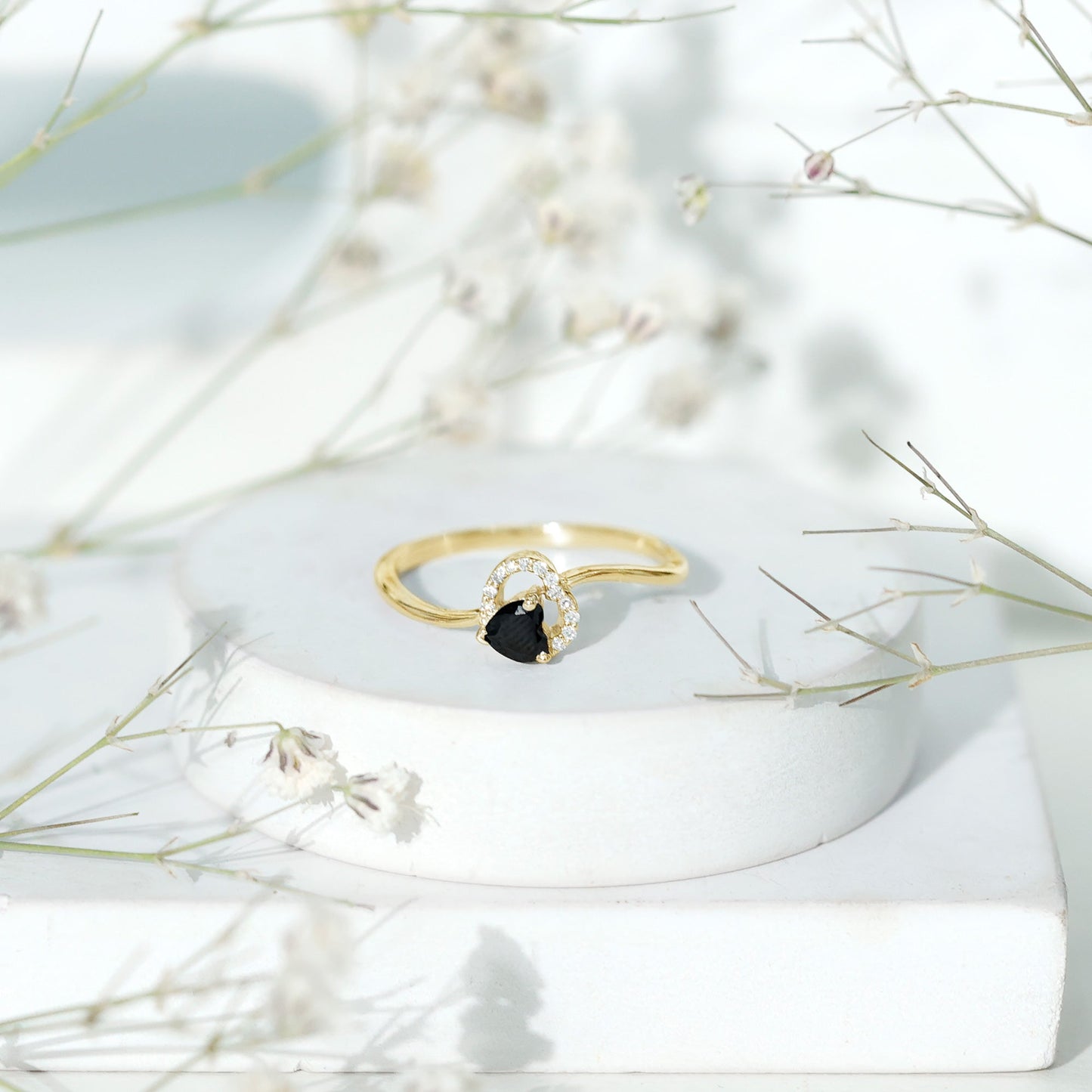 Natural Black Spinel Heart Promise Ring with Diamond