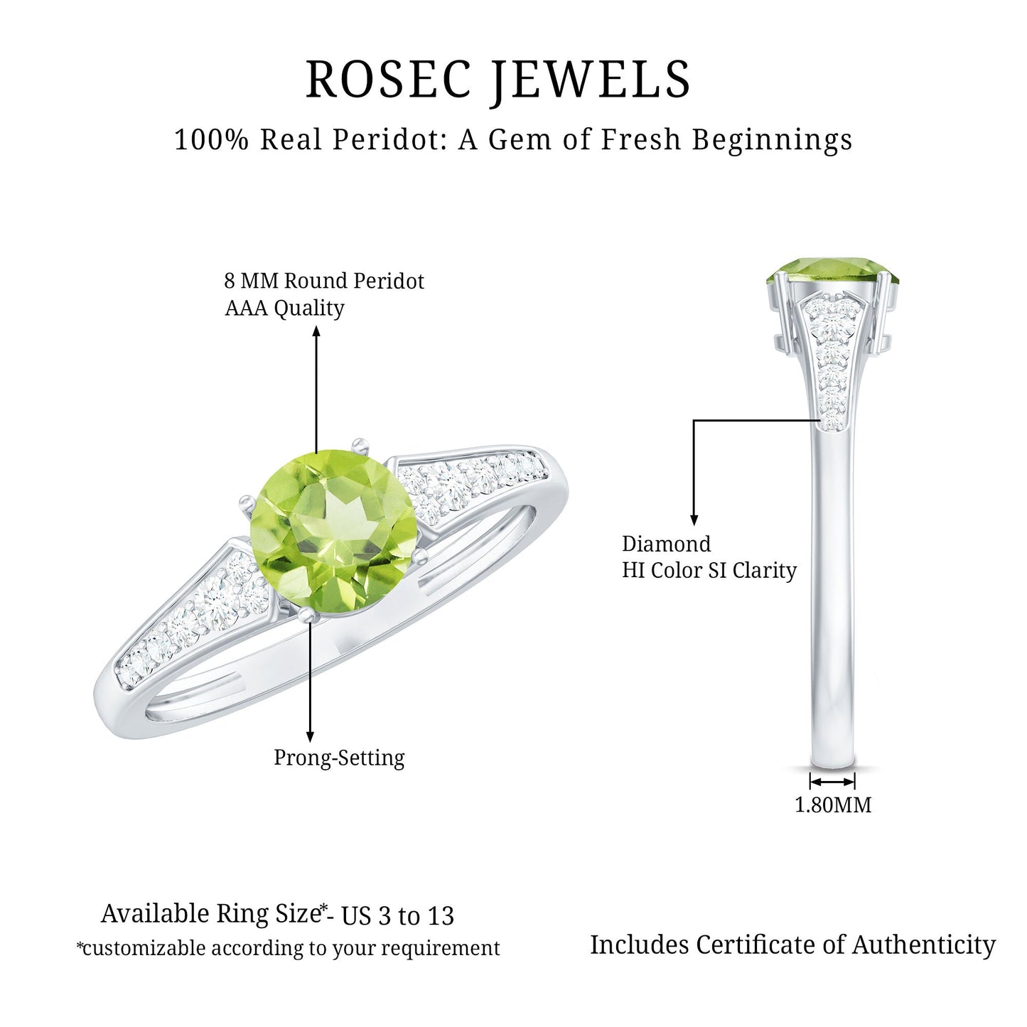 Natural Solitaire 2 Carat Peridot Engagement Ring with Diamond