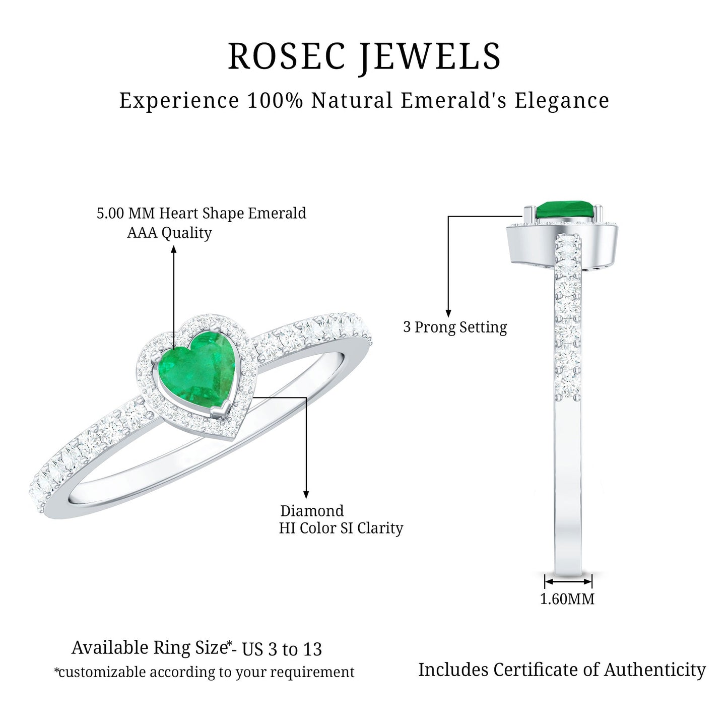 Natural Emerald Heart Promise Engagement Ring with Diamond Halo