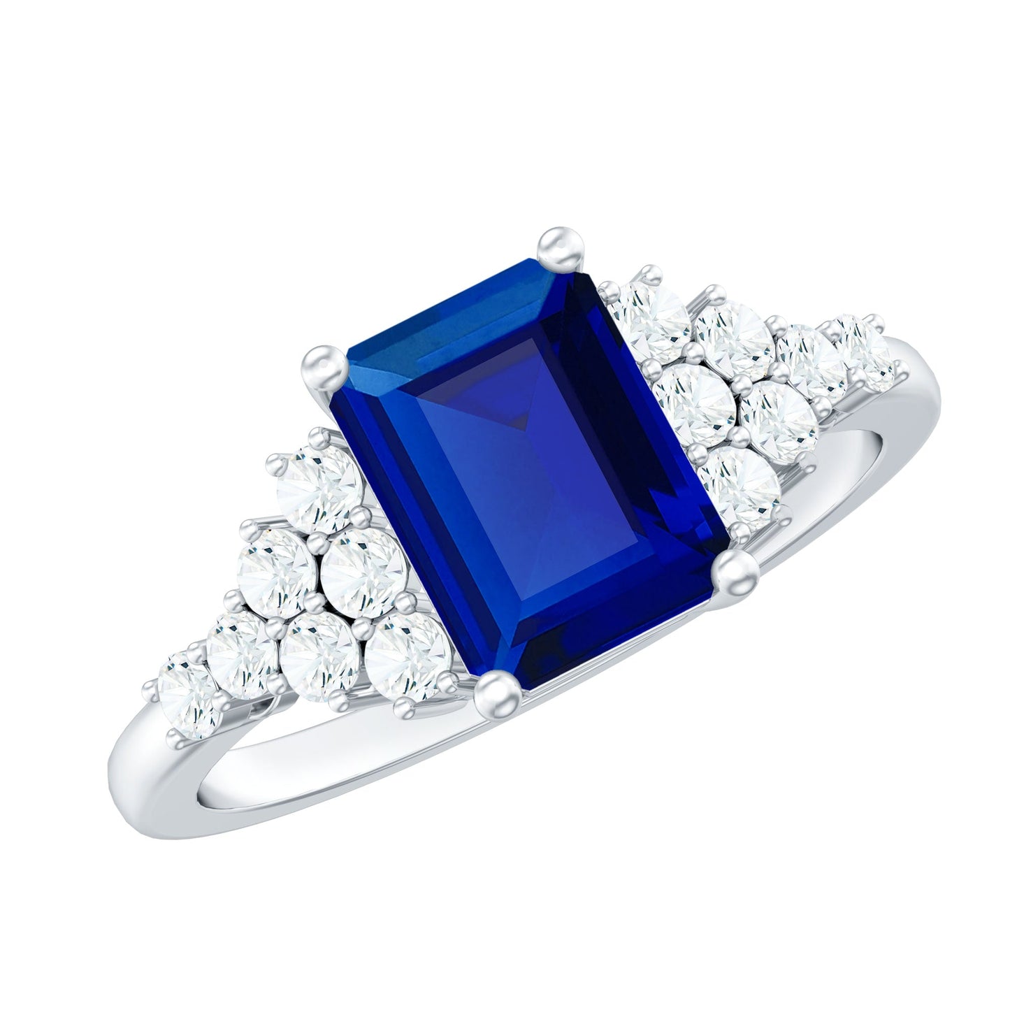 1.7 Carat Emerald Cut Lab Created Blue Sapphire Vintage Inspired Engagement Ring with Diamond