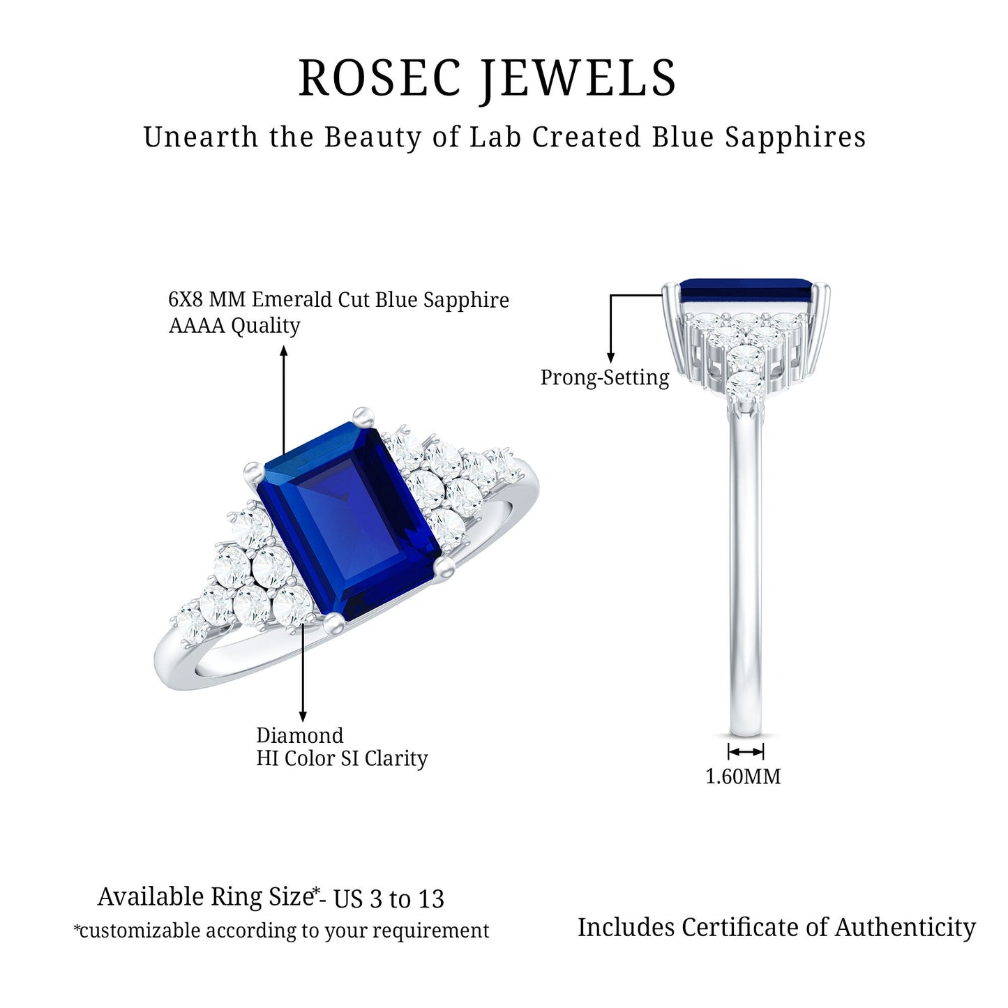 1.7 Carat Emerald Cut Lab Created Blue Sapphire Vintage Inspired Engagement Ring with Diamond