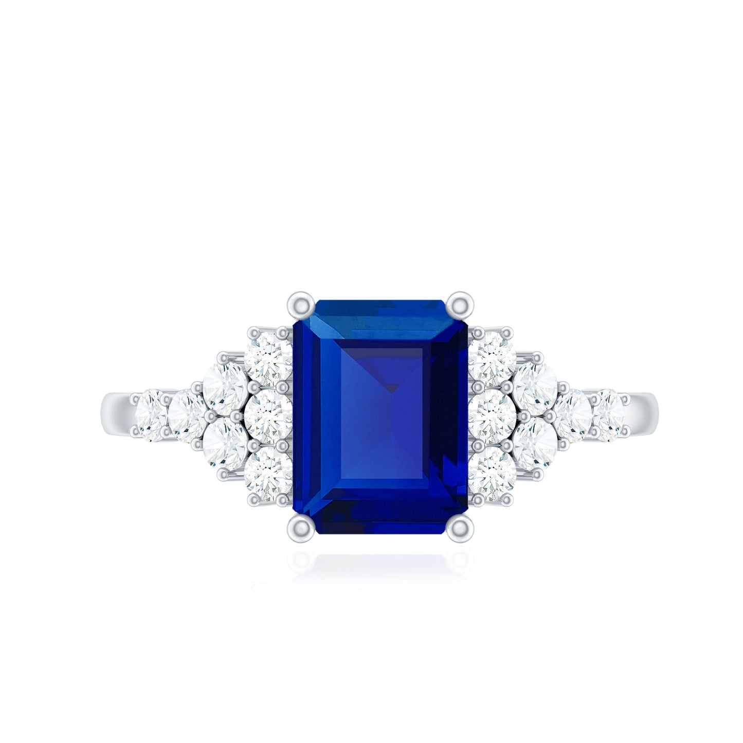 1.7 Carat Emerald Cut Lab Created Blue Sapphire Vintage Inspired Engagement Ring with Diamond