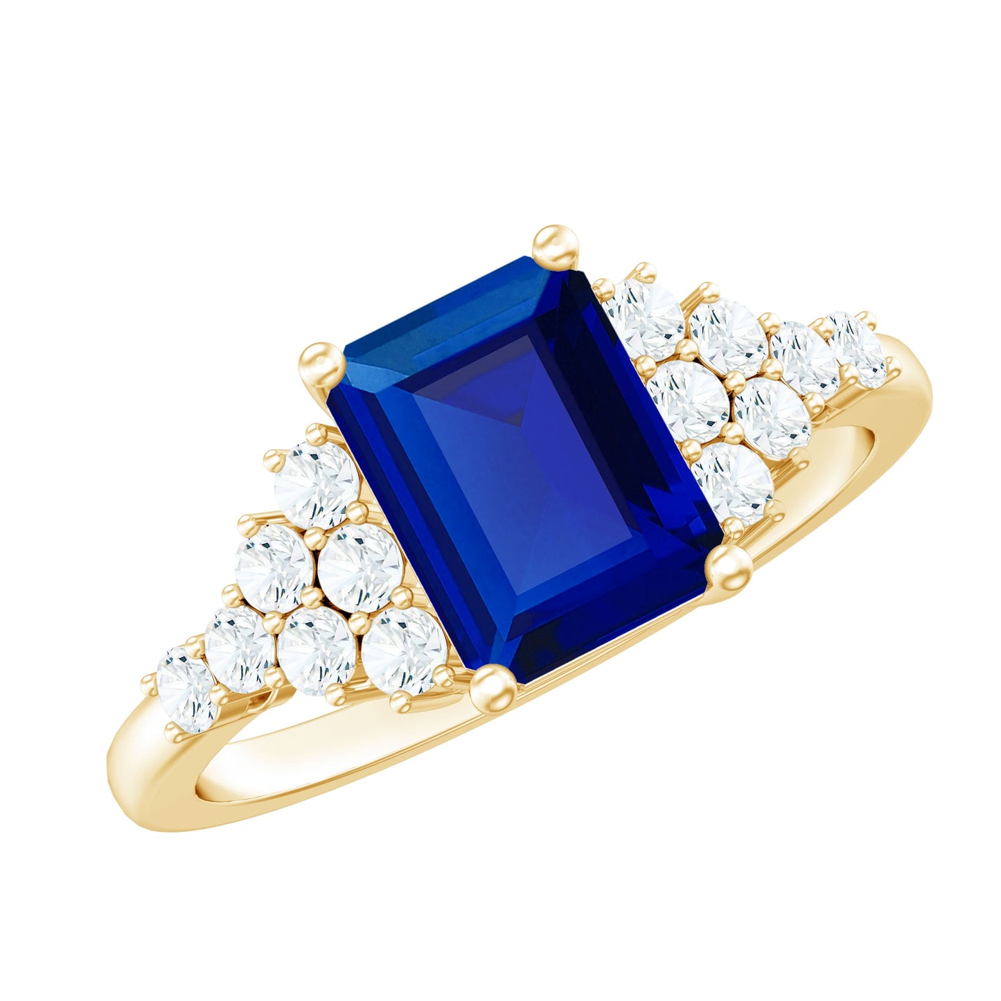 1.7 Carat Emerald Cut Lab Created Blue Sapphire Vintage Inspired Engagement Ring with Diamond