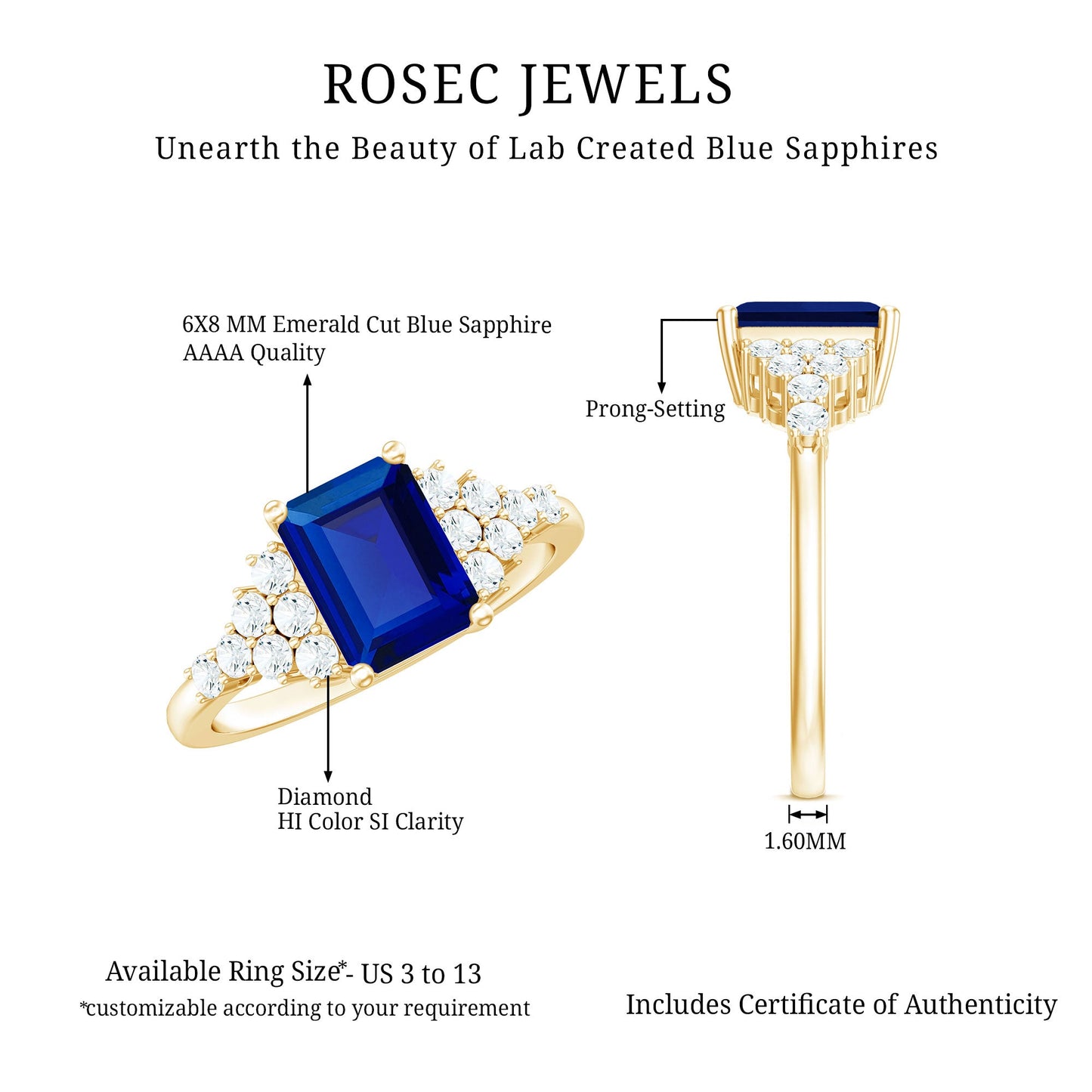 1.7 Carat Emerald Cut Lab Created Blue Sapphire Vintage Inspired Engagement Ring with Diamond