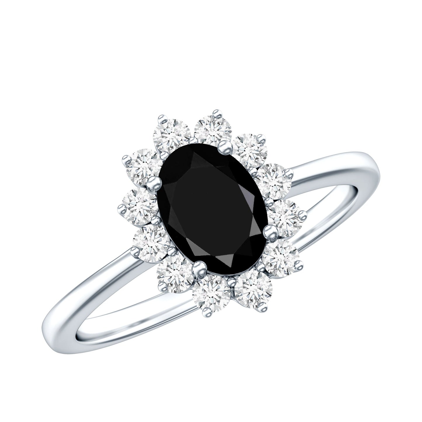 1.9 Carat Lab Grown Black Diamond Oval Engagement Ring with White Diamond Halo