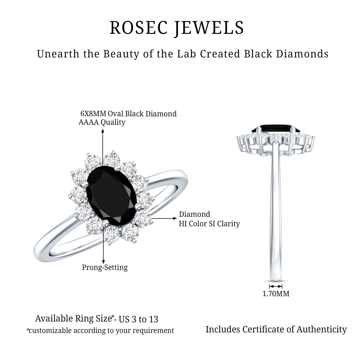 1.9 Carat Lab Grown Black Diamond Oval Engagement Ring with White Diamond Halo