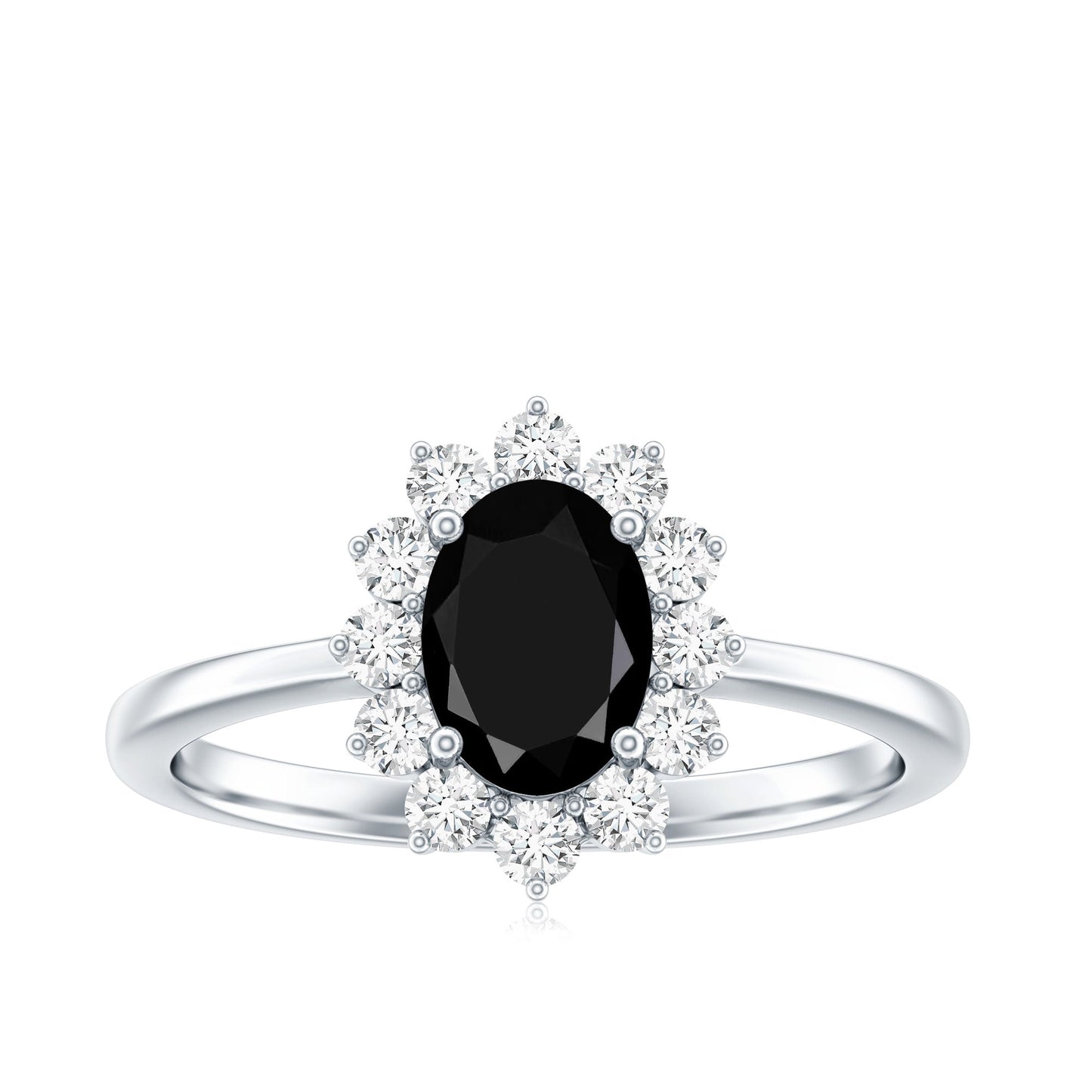 1.9 Carat Lab Grown Black Diamond Oval Engagement Ring with White Diamond Halo