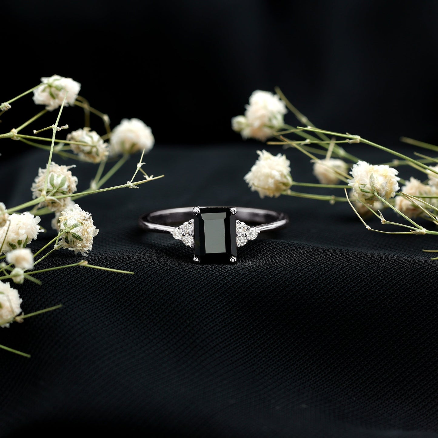 1.6 Carat Lab Grown Black Diamond Emerald Cut Engagement Ring with White Diamond