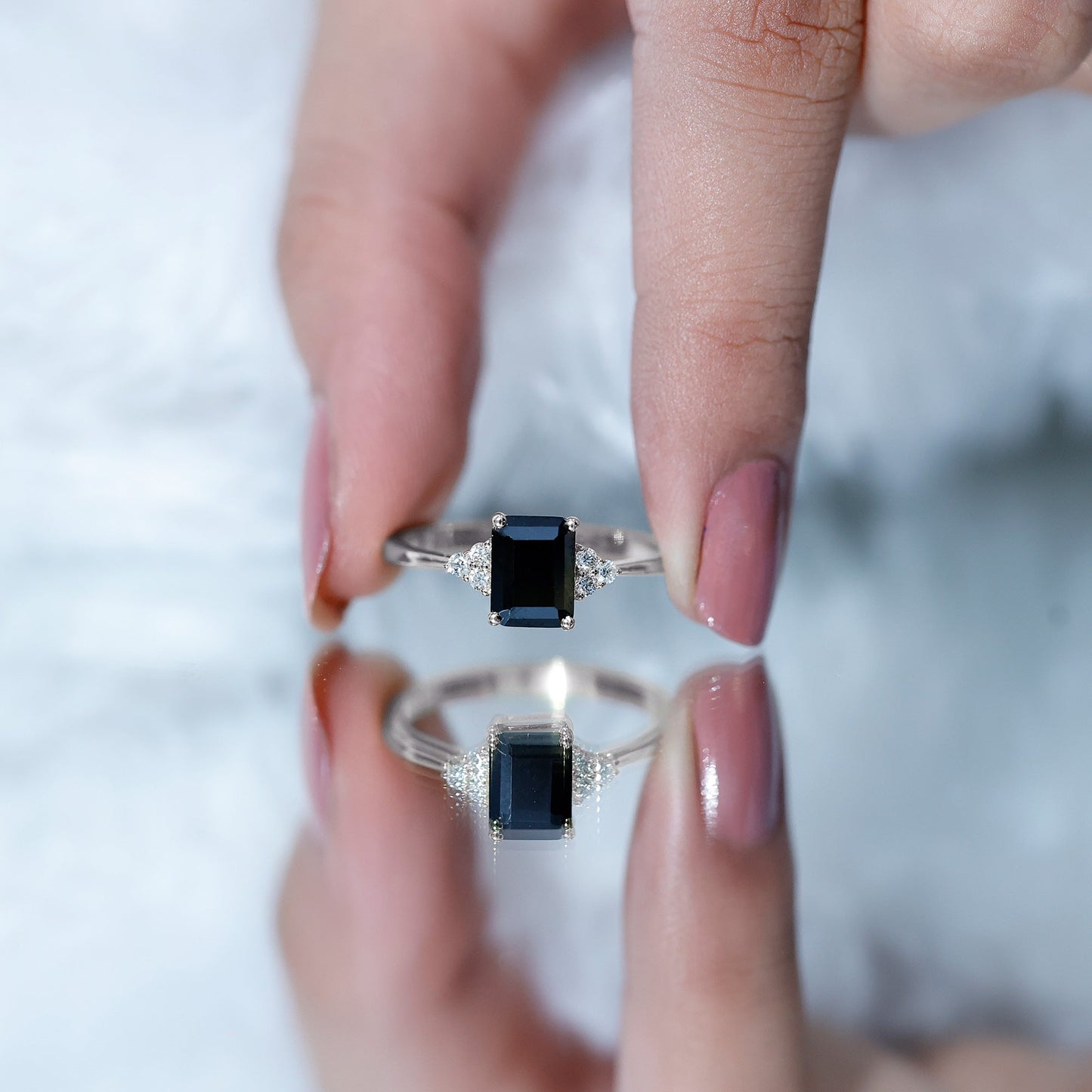 1.6 Carat Lab Grown Black Diamond Emerald Cut Engagement Ring with White Diamond
