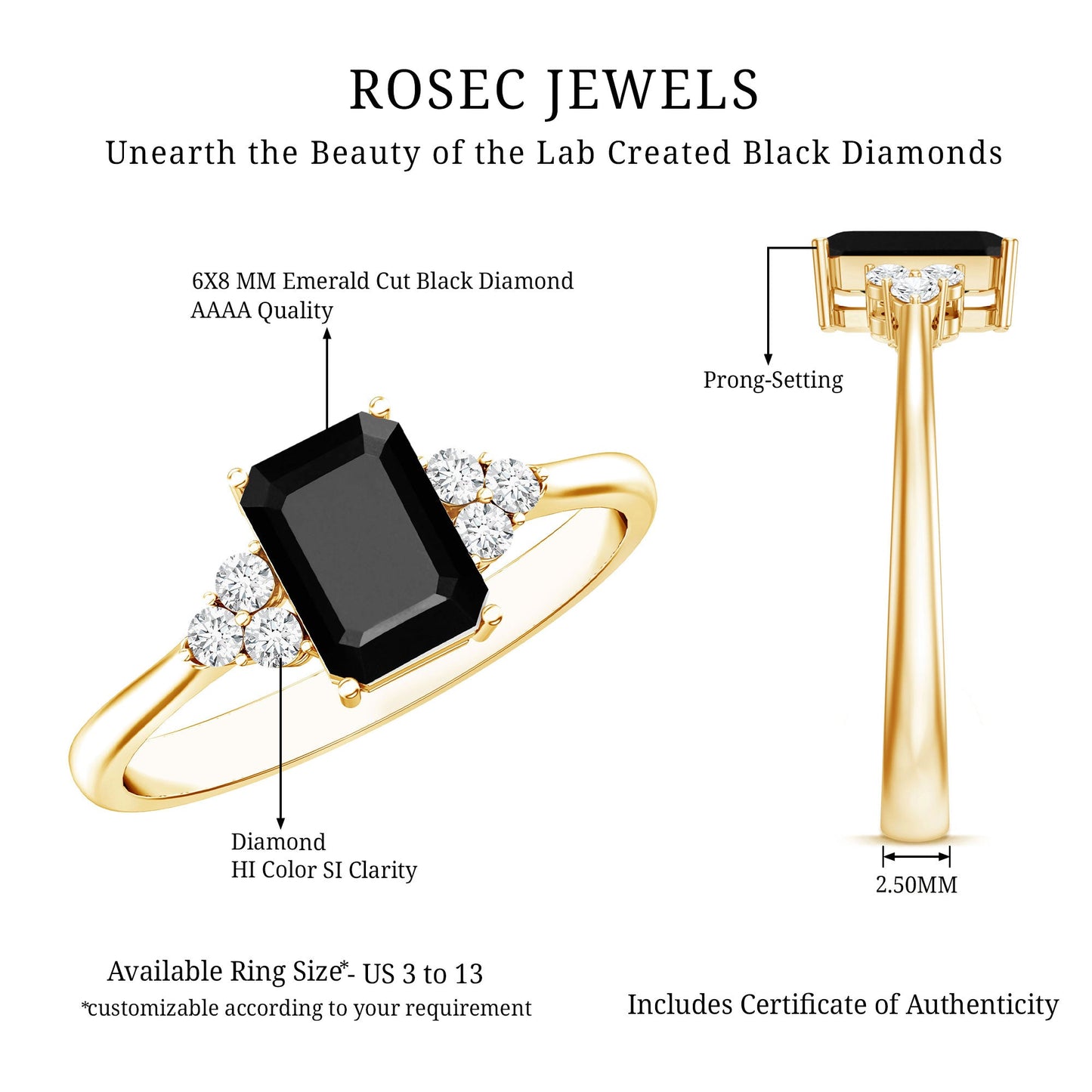 1.6 Carat Lab Grown Black Diamond Emerald Cut Engagement Ring with White Diamond