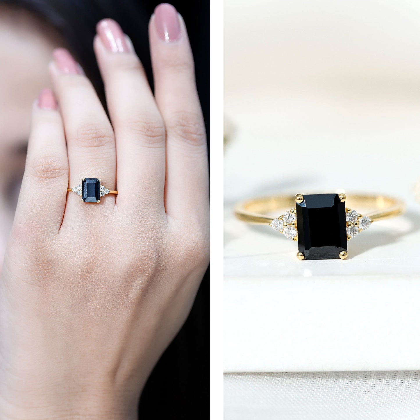 1.6 Carat Lab Grown Black Diamond Emerald Cut Engagement Ring with White Diamond