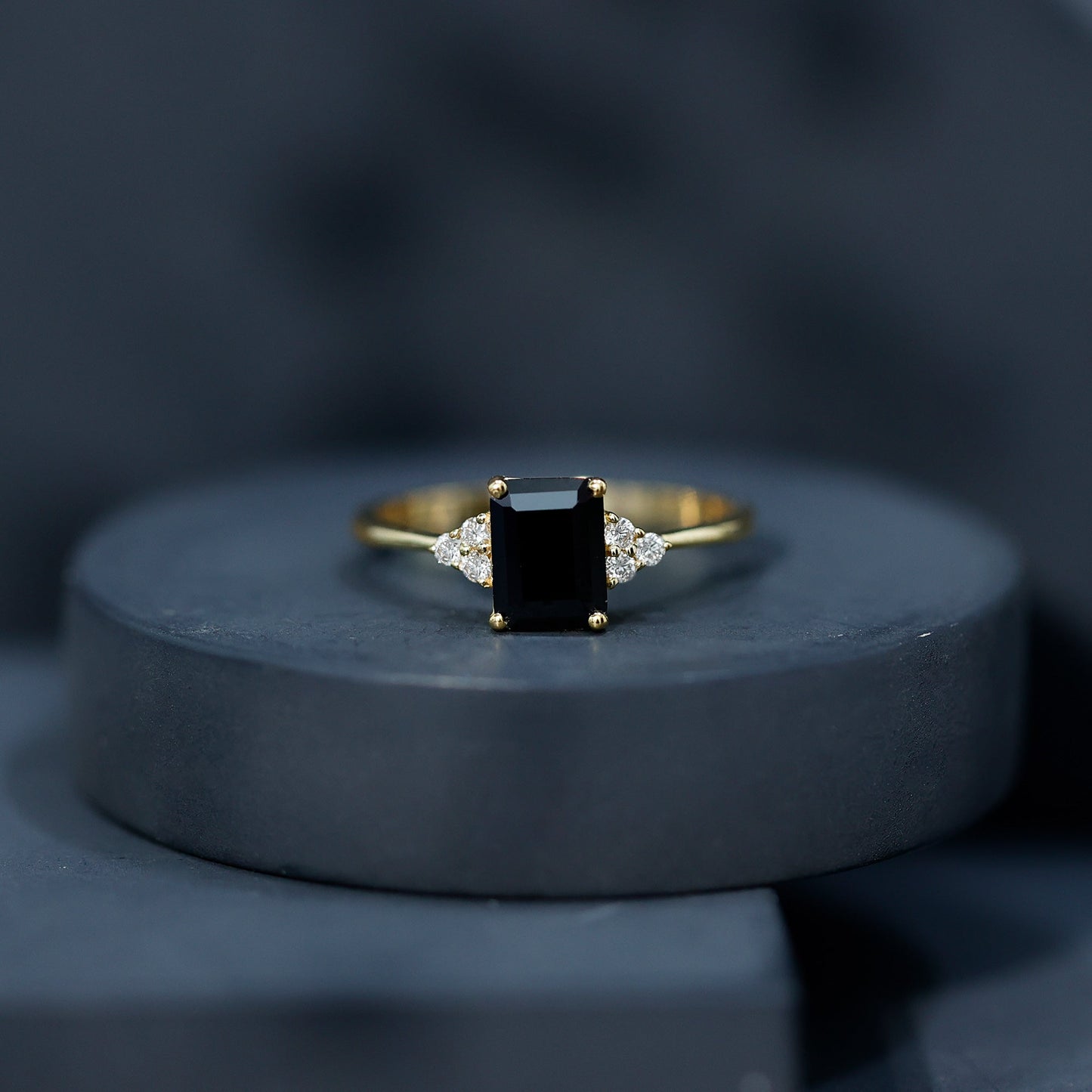 1.6 Carat Lab Grown Black Diamond Emerald Cut Engagement Ring with White Diamond