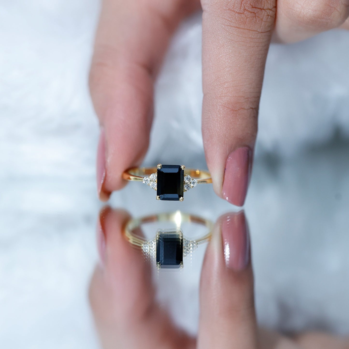 1.6 Carat Lab Grown Black Diamond Emerald Cut Engagement Ring with White Diamond
