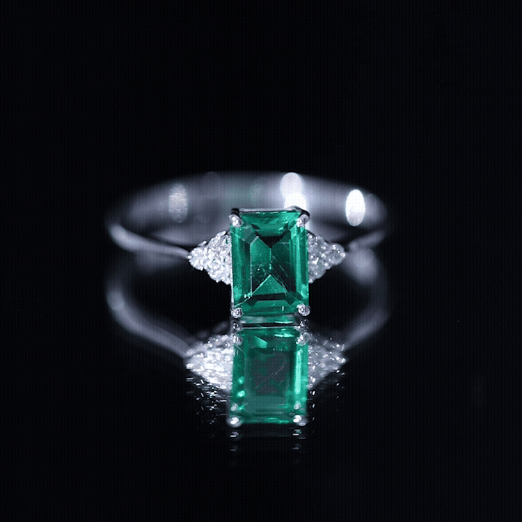 Certified 1.6 Carat Lab Grown Emerald Cut Emerald Engagement Ring with Diamond Trio