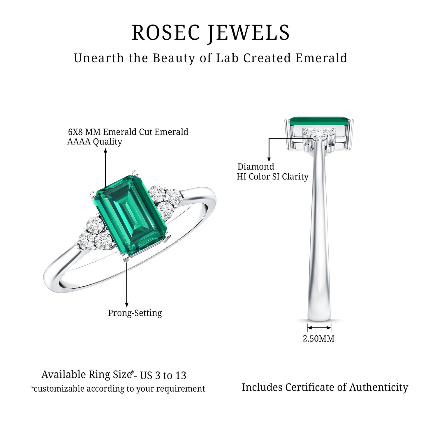 Certified 1.6 Carat Lab Grown Emerald Cut Emerald Engagement Ring with Diamond Trio