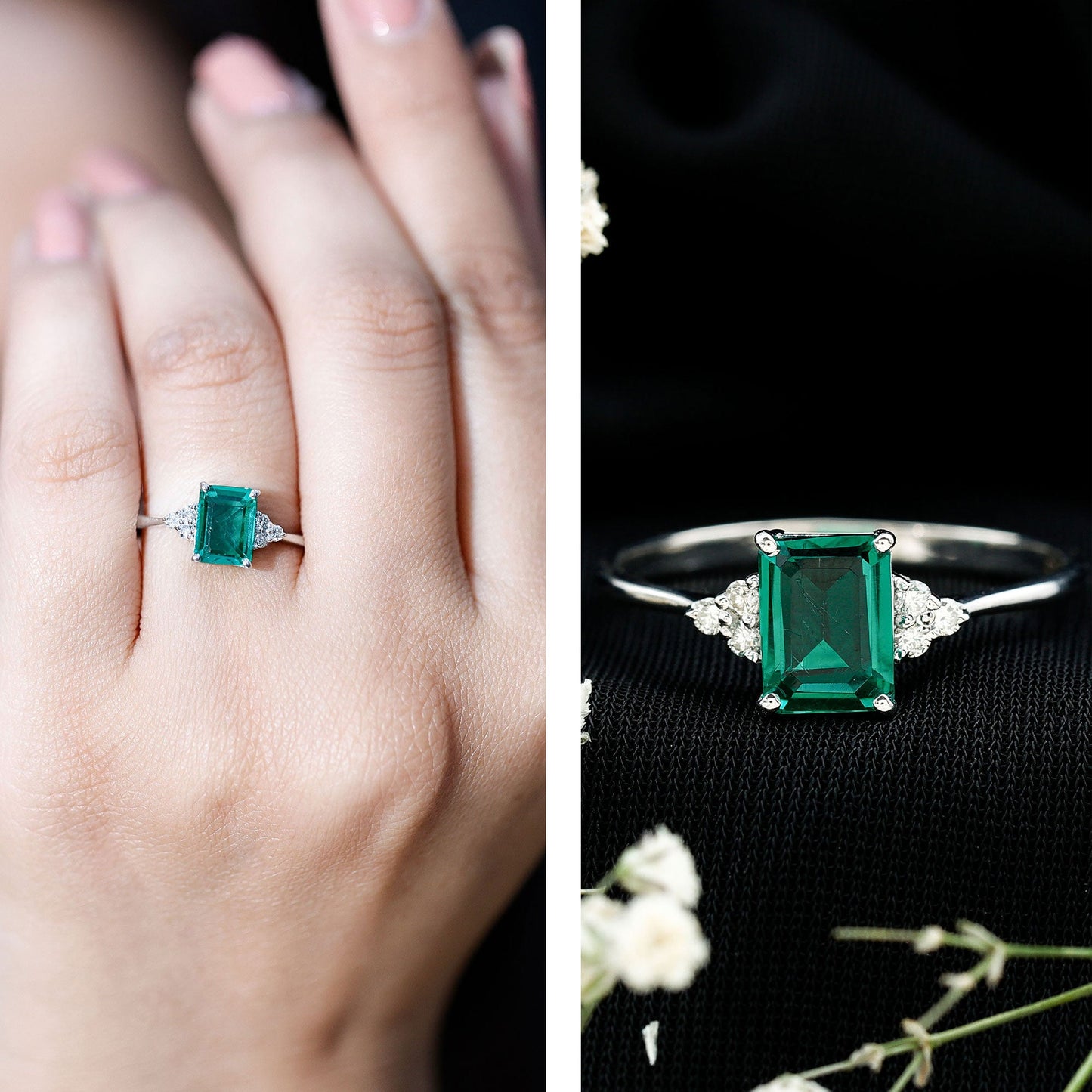 Certified 1.6 Carat Lab Grown Emerald Cut Emerald Engagement Ring with Diamond Trio