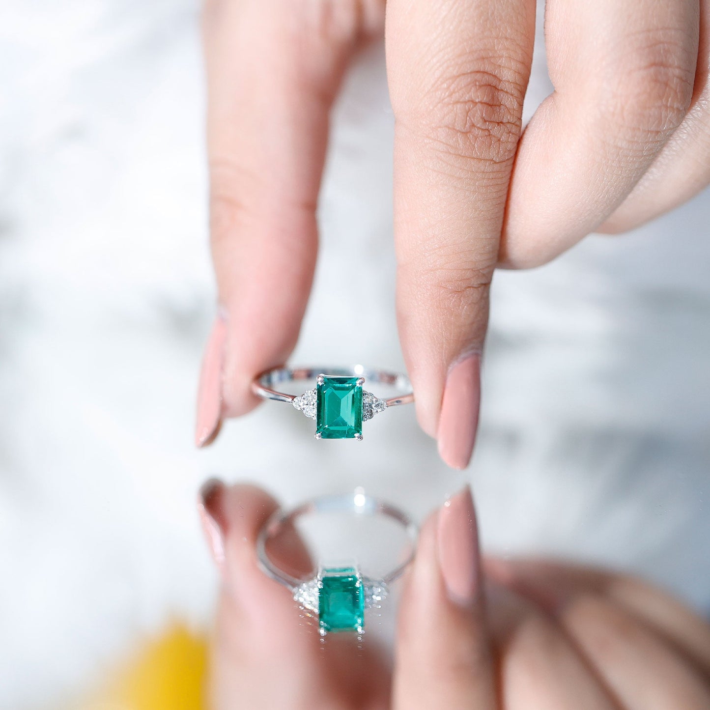Certified 1.6 Carat Lab Grown Emerald Cut Emerald Engagement Ring with Diamond Trio