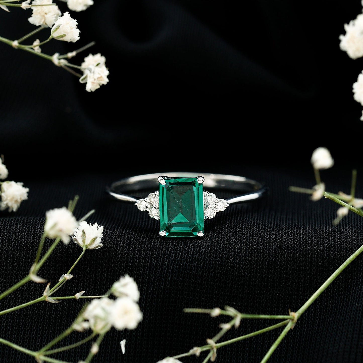 Certified 1.6 Carat Lab Grown Emerald Cut Emerald Engagement Ring with Diamond Trio