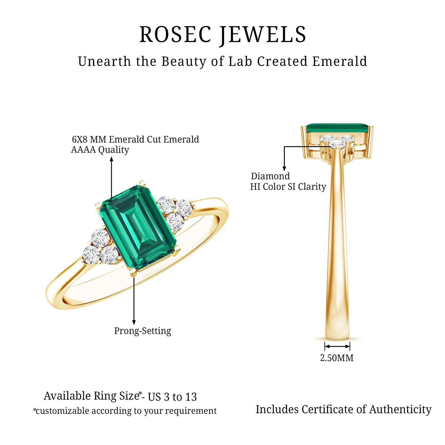 Certified 1.6 Carat Lab Grown Emerald Cut Emerald Engagement Ring with Diamond Trio