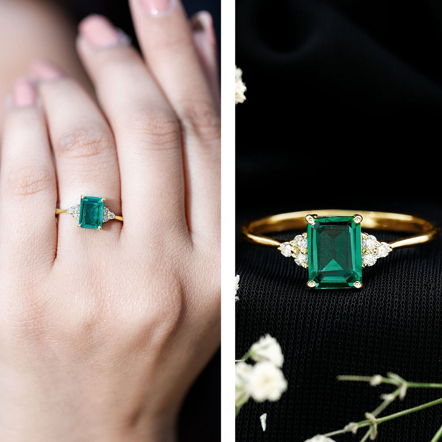 Certified 1.6 Carat Lab Grown Emerald Cut Emerald Engagement Ring with Diamond Trio