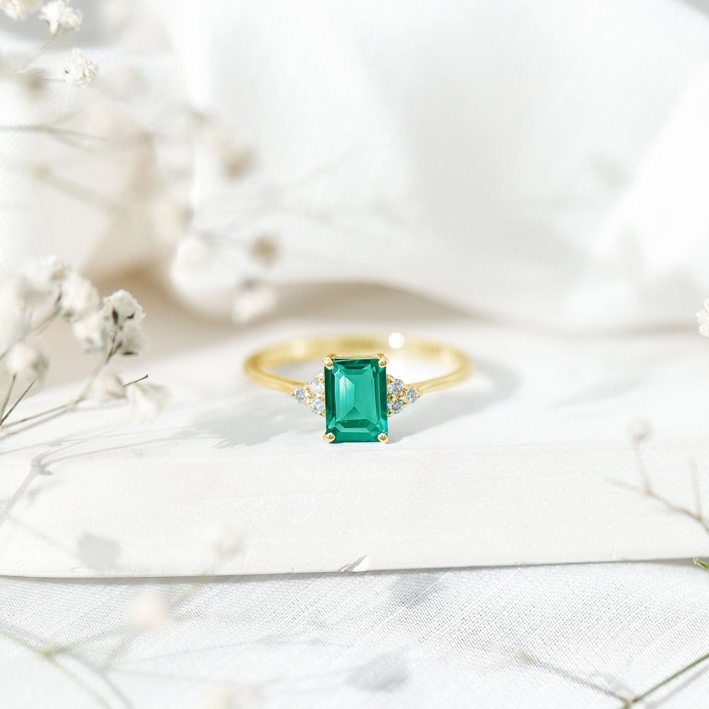 Certified 1.6 Carat Lab Grown Emerald Cut Emerald Engagement Ring with Diamond Trio