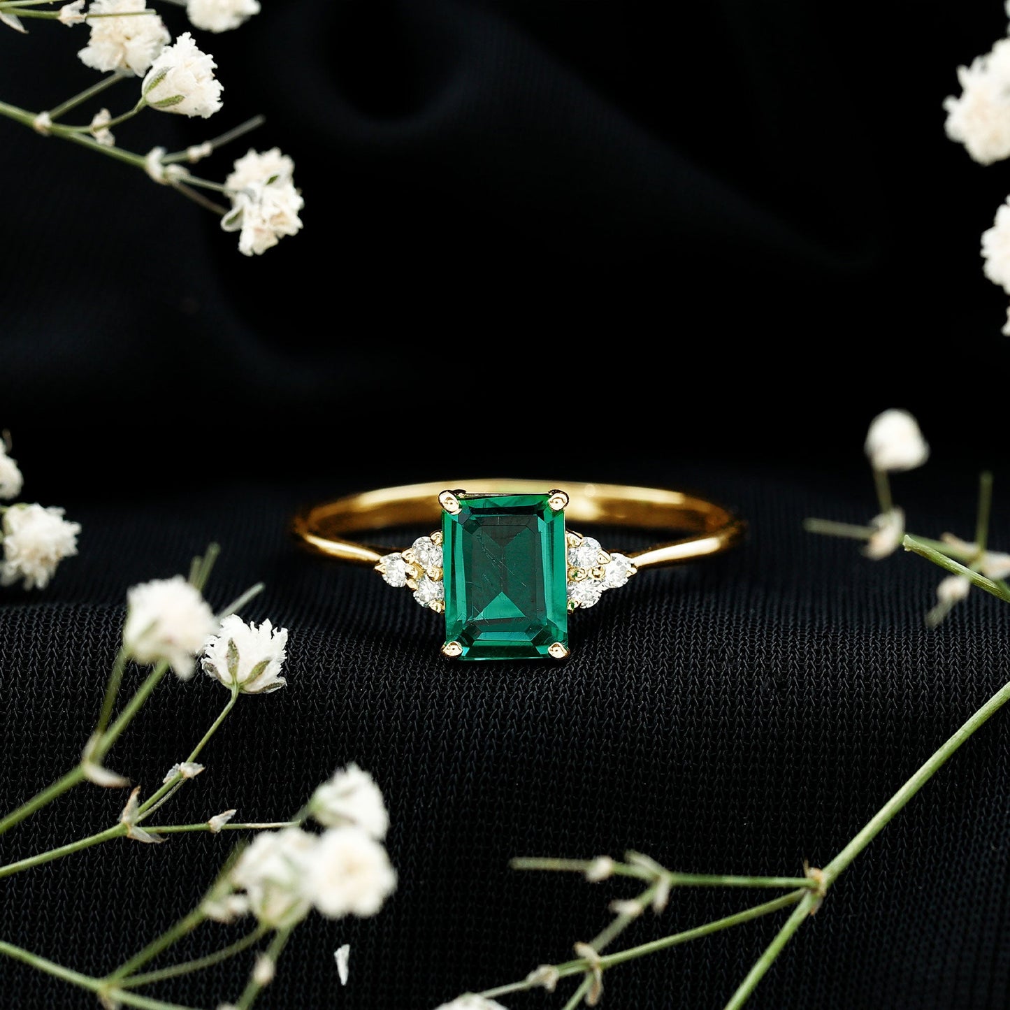Certified 1.6 Carat Lab Grown Emerald Cut Emerald Engagement Ring with Diamond Trio
