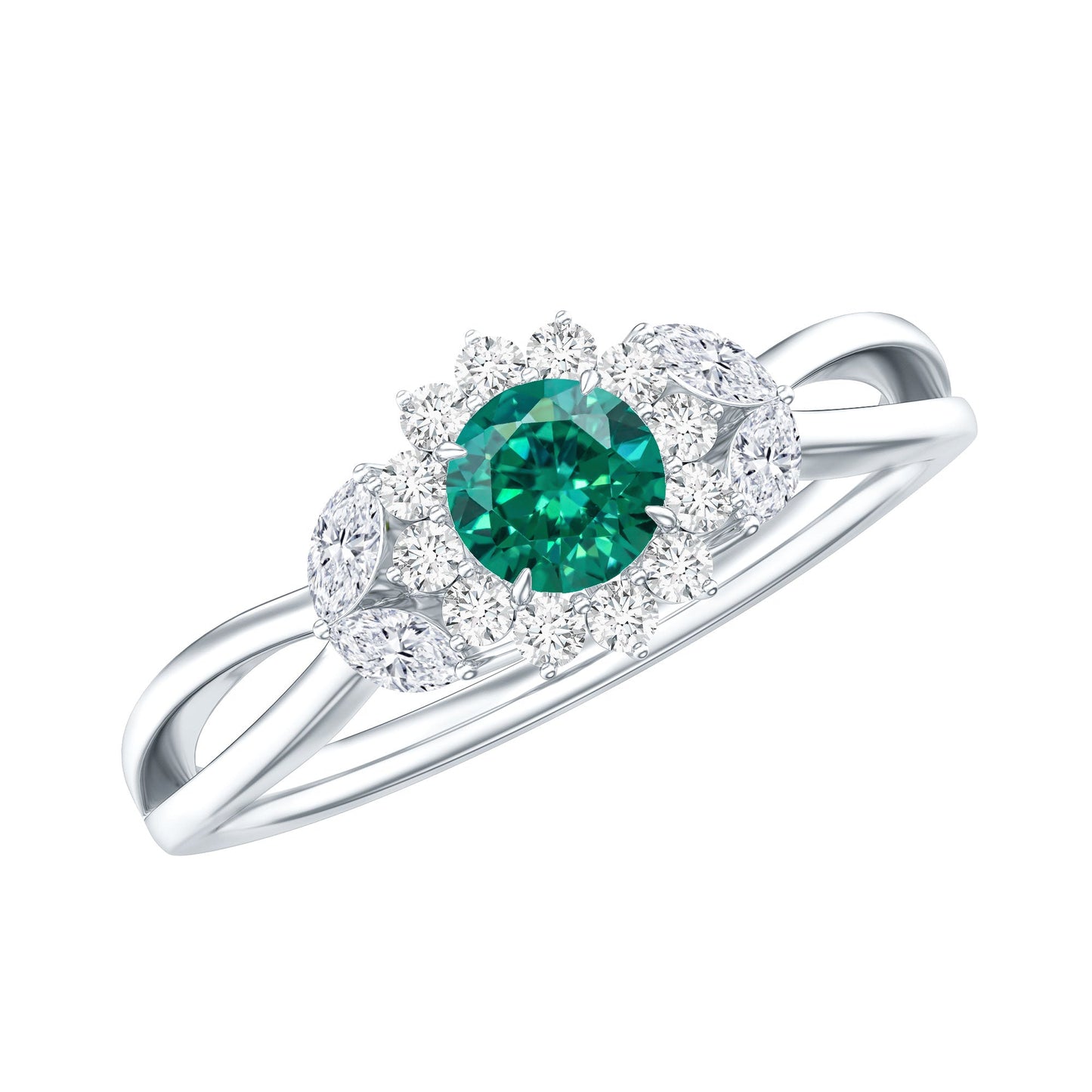 Certified Lab Grown Emerald Diamond Flower Engagement Ring with Split Shank