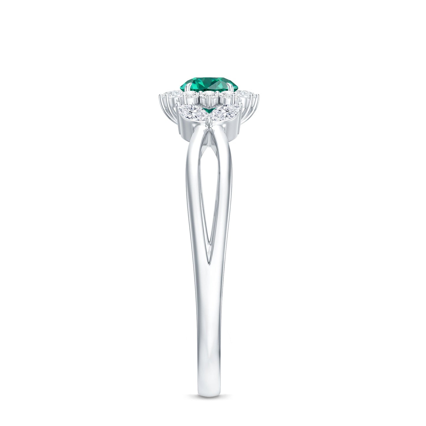 Certified Lab Grown Emerald Diamond Flower Engagement Ring with Split Shank