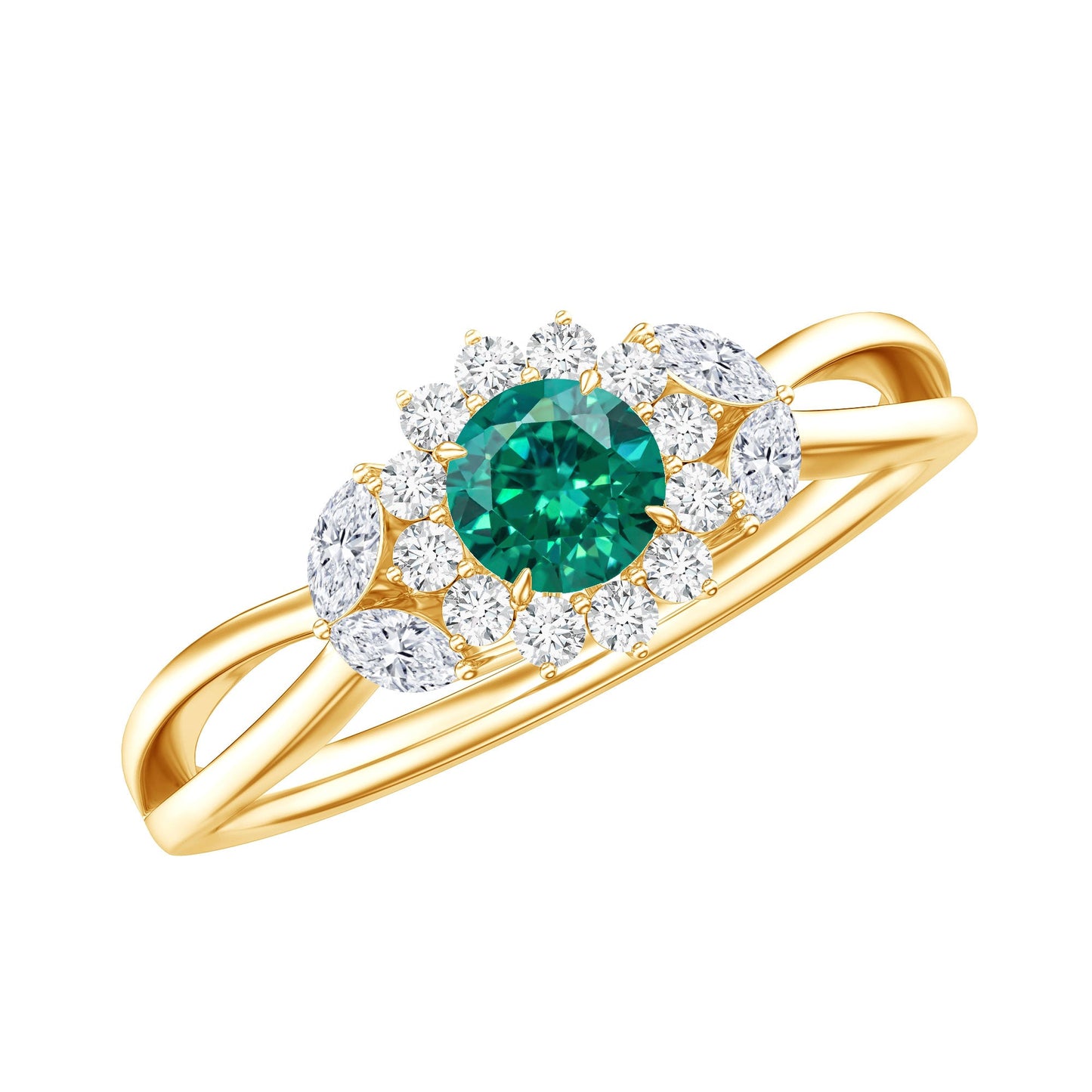 Certified Lab Grown Emerald Diamond Flower Engagement Ring with Split Shank