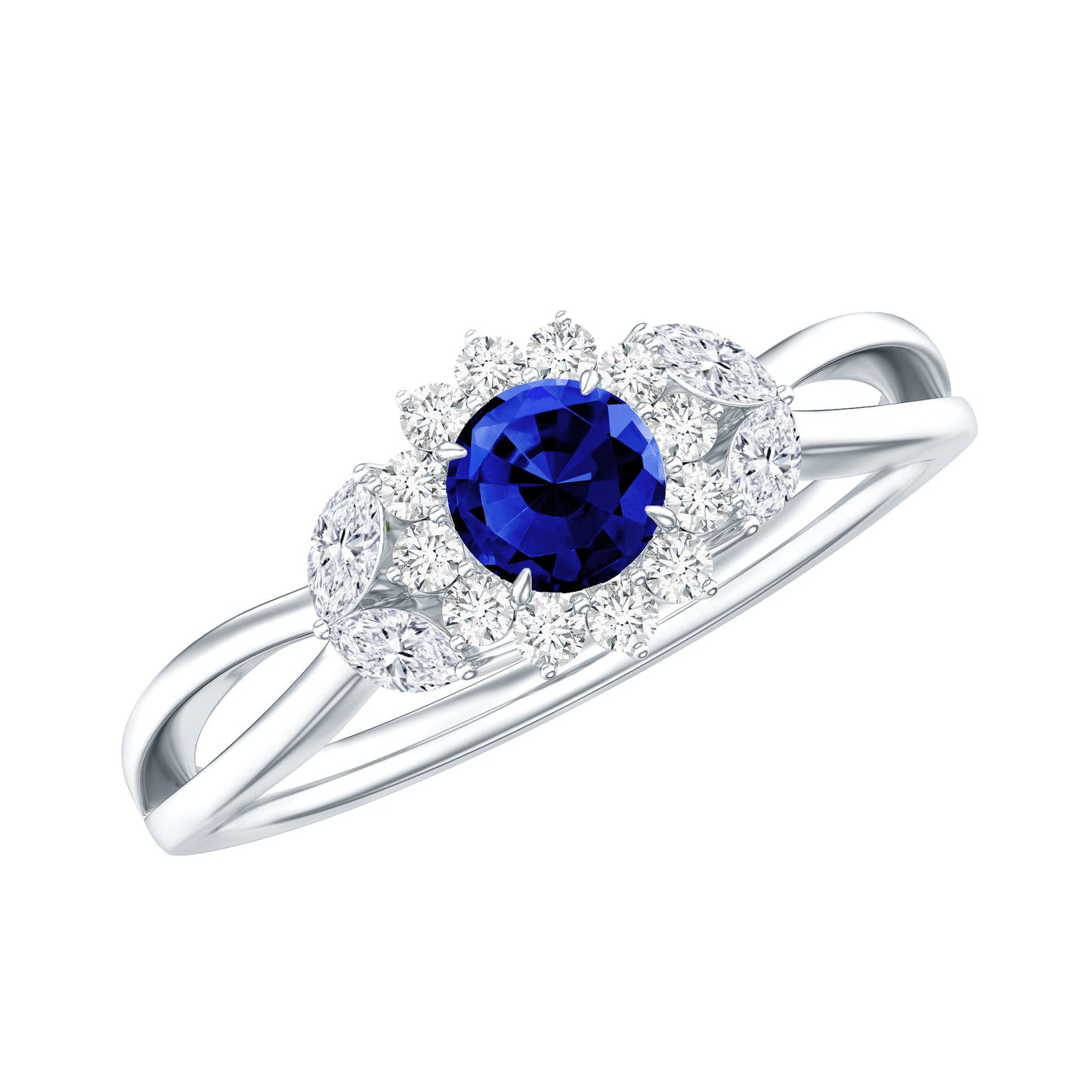 Nature Inspired 0.6 Carat Lab Grown Blue Sapphire Engagement Ring with Diamond