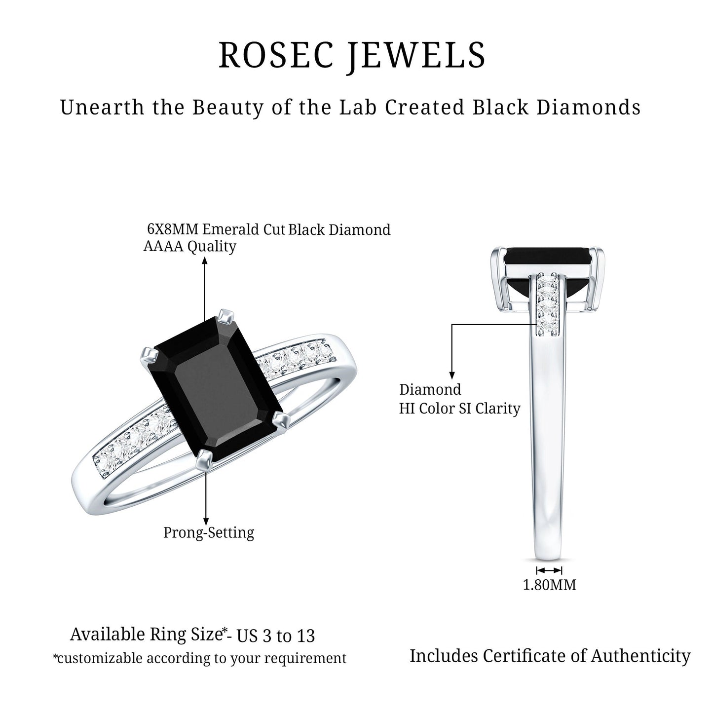1.6 Carat Emerald Cut Lab Grown Black Diamond Solitaire Engagement Ring with White Diamond