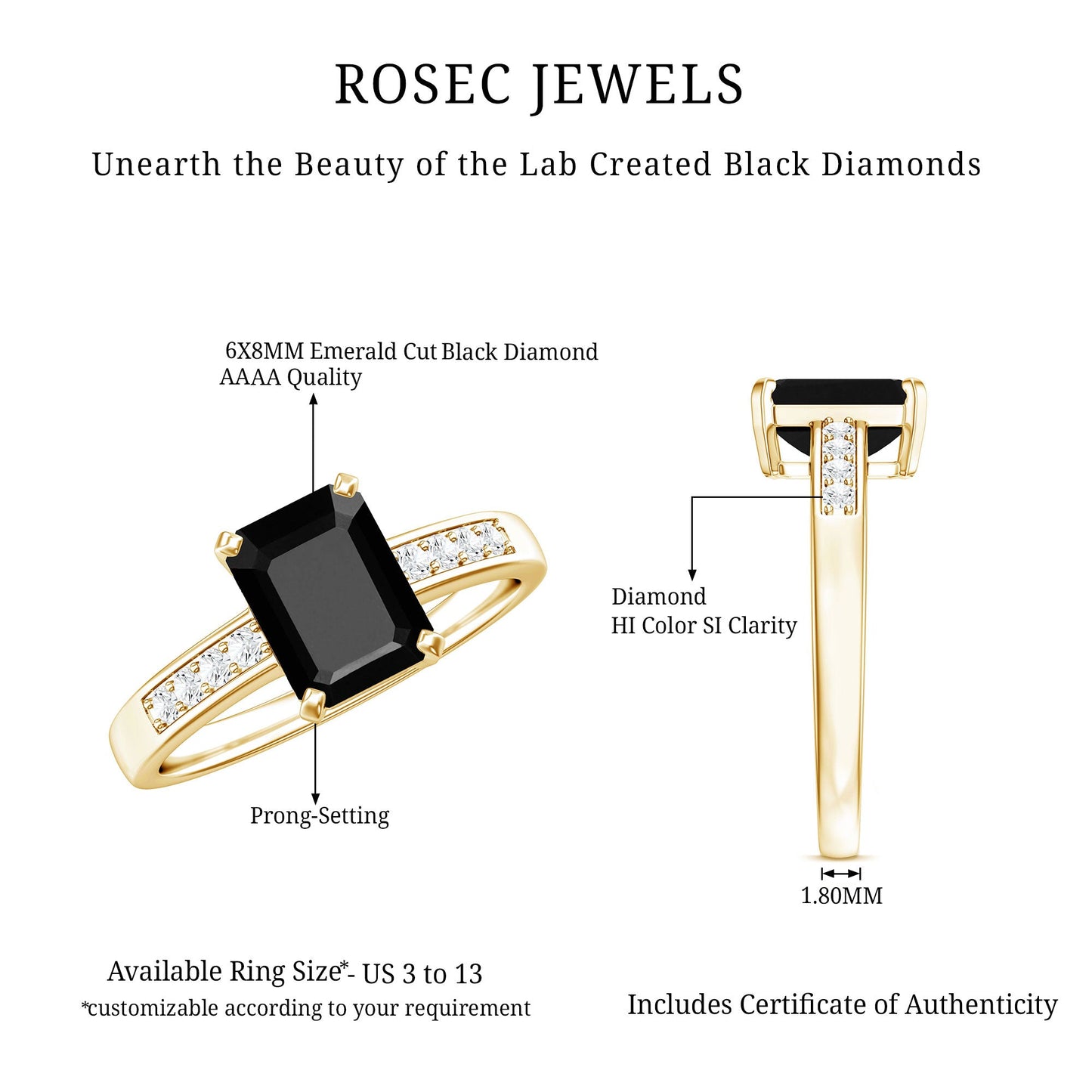 1.6 Carat Emerald Cut Lab Grown Black Diamond Solitaire Engagement Ring with White Diamond
