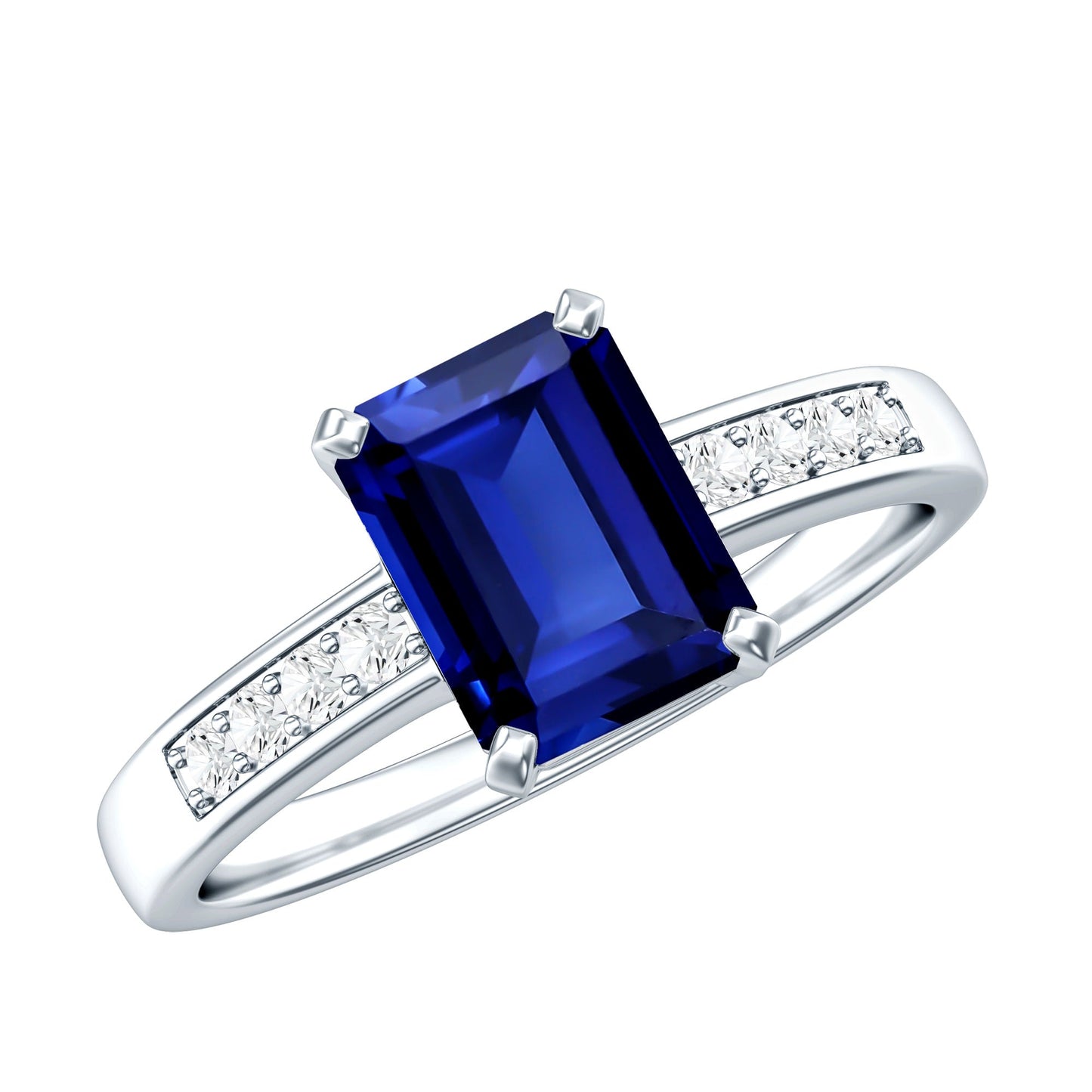 Certified 1.75 Carat Emerald Cut Lab Grown Blue Sapphire Engagement Ring with Diamond