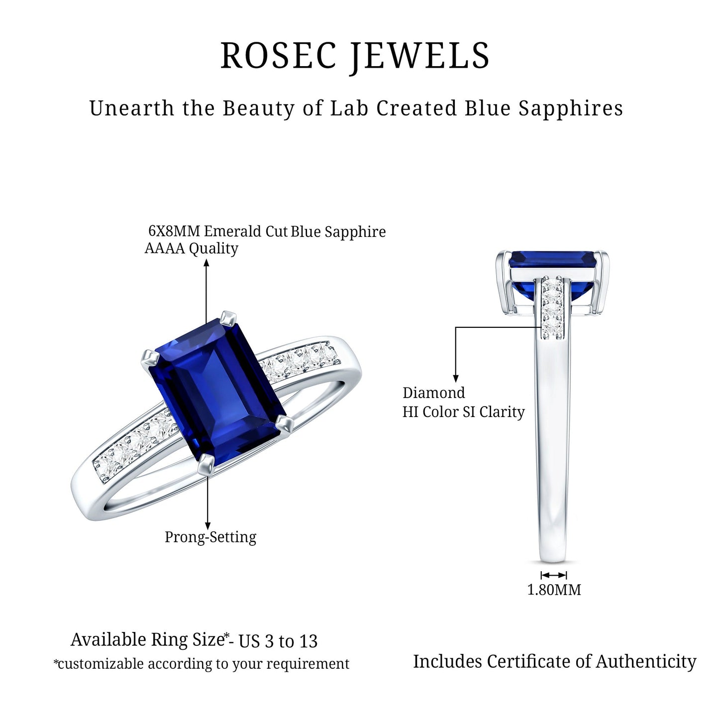 Certified 1.75 Carat Emerald Cut Lab Grown Blue Sapphire Engagement Ring with Diamond
