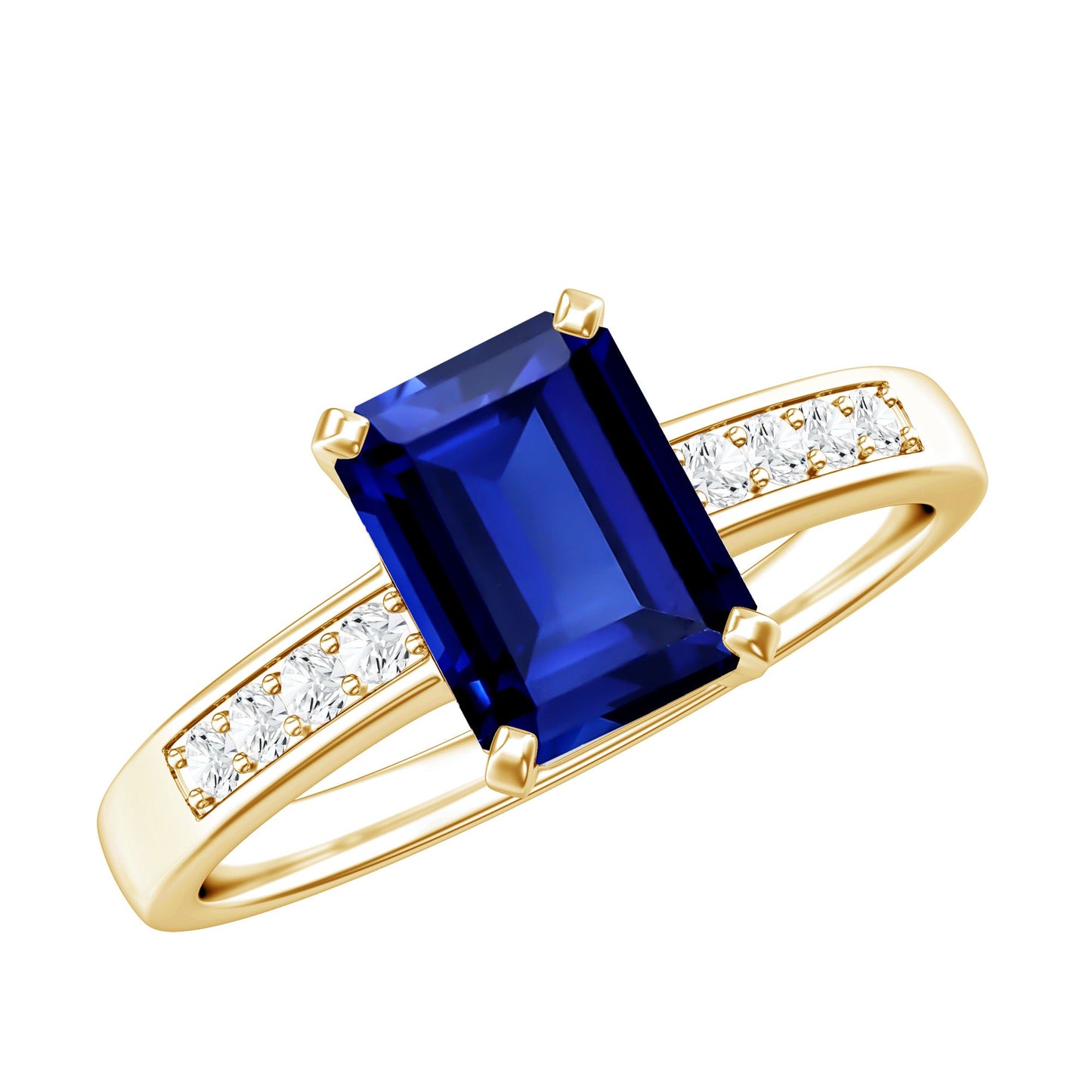 Certified 1.75 Carat Emerald Cut Lab Grown Blue Sapphire Engagement Ring with Diamond